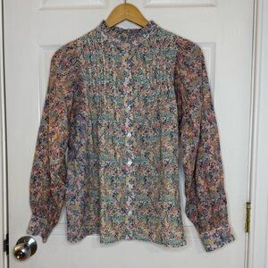 Boden Floral Ruffle Neck Cotton Peasant Style Button Down Blouse Size 8